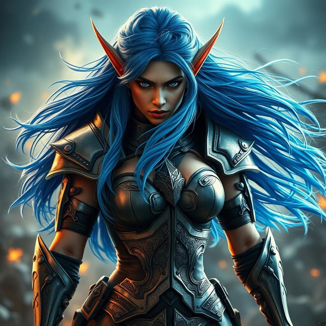 A full-body shot of a high-quality, photo-realistic image featuring a fierce armored warrior woman with prominent elf ears