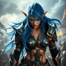 A full-body shot of a high-quality, photo-realistic image featuring a fierce armored warrior woman with prominent elf ears