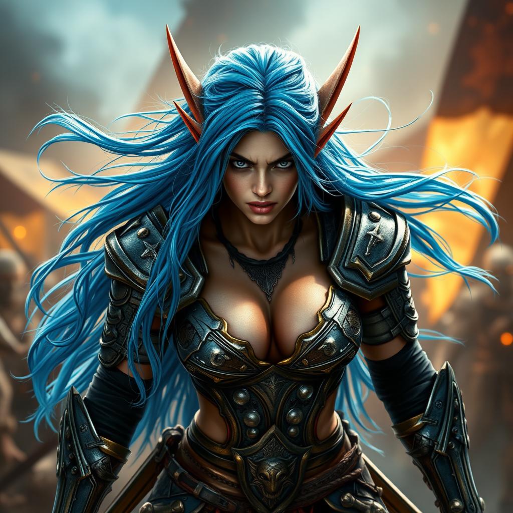 A full-body shot of a high-quality, photo-realistic image featuring a fierce armored warrior woman with prominent elf ears
