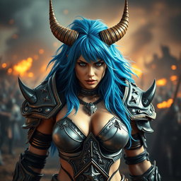A full-body shot of a high-quality, photo-realistic image showcasing a fierce armored warrior woman with long, wild bright blue hair and impressive horns protruding from her head
