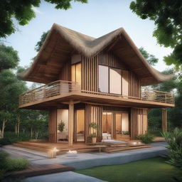 Enhance the two-story Joglo-Scandinavian retreat, integrating more lavish amenities. Add a rooftop terrace with panoramic views, a bamboo-lined walkway leading to a private yoga pavilion, upgraded gourmet kitchen with bamboo and rattan accents, and a secluded outdoor bamboo shower.