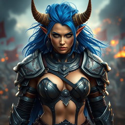 A full-body shot of a high-quality, photo-realistic image showcasing a fierce armored warrior woman with long, wild bright blue hair and impressive horns protruding from her head