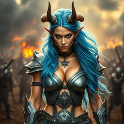 A full-body shot of a high-quality, photo-realistic image showcasing a fierce armored warrior woman with long, wild bright blue hair and impressive horns protruding from her head