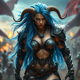 A full-body shot of a high-quality, photo-realistic image showcasing a fierce armored warrior woman with long, wild bright blue hair and impressive horns protruding from her head