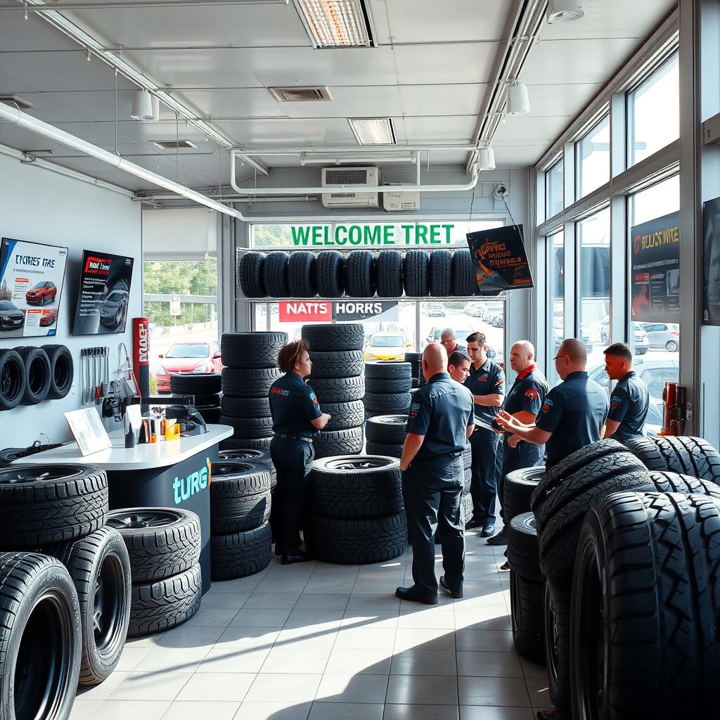 An engaging and vibrant tire business scene showcasing a modern tire shop