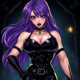 An anime-inspired illustration of a powerful dominatrix with long, flowing hair, the ends stylishly dyed a vibrant purple