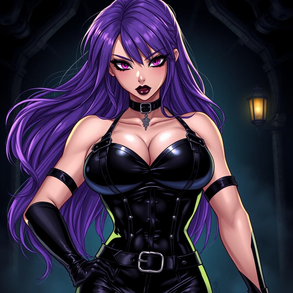 An anime-inspired illustration of a powerful dominatrix with long, flowing hair, the ends stylishly dyed a vibrant purple