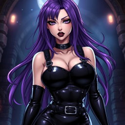 An anime-inspired illustration of a powerful dominatrix with long, flowing hair, the ends stylishly dyed a vibrant purple