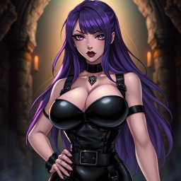An anime-inspired illustration of a powerful dominatrix with long, flowing hair, the ends stylishly dyed a vibrant purple