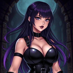 An anime-inspired illustration of a powerful dominatrix with long, flowing hair, the ends stylishly dyed a vibrant purple