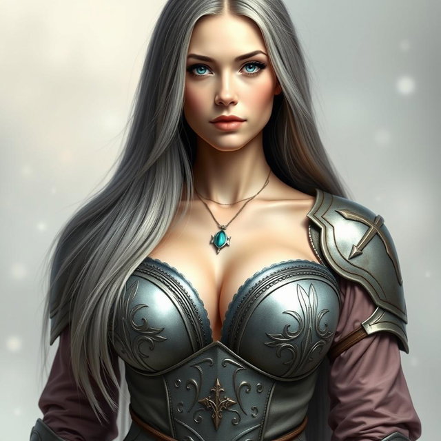 A real-life photo of a busty, delicate European cleric healer, embodying a kind and caring demeanor
