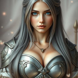 A real-life photo of a busty, delicate European cleric healer, embodying a kind and caring demeanor
