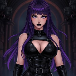 An anime-inspired depiction of a striking dominatrix with long, flowing hair, with the ends dyed a vibrant purple