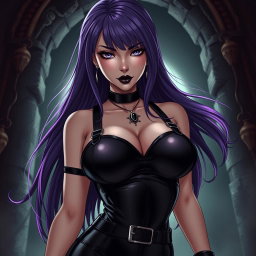 An anime-inspired depiction of a striking dominatrix with long, flowing hair, with the ends dyed a vibrant purple