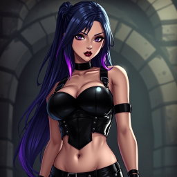 An anime-inspired depiction of a striking dominatrix with long, flowing hair, with the ends dyed a vibrant purple