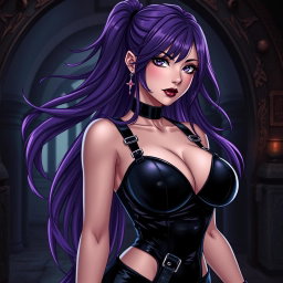 An anime-inspired depiction of a striking dominatrix with long, flowing hair, with the ends dyed a vibrant purple