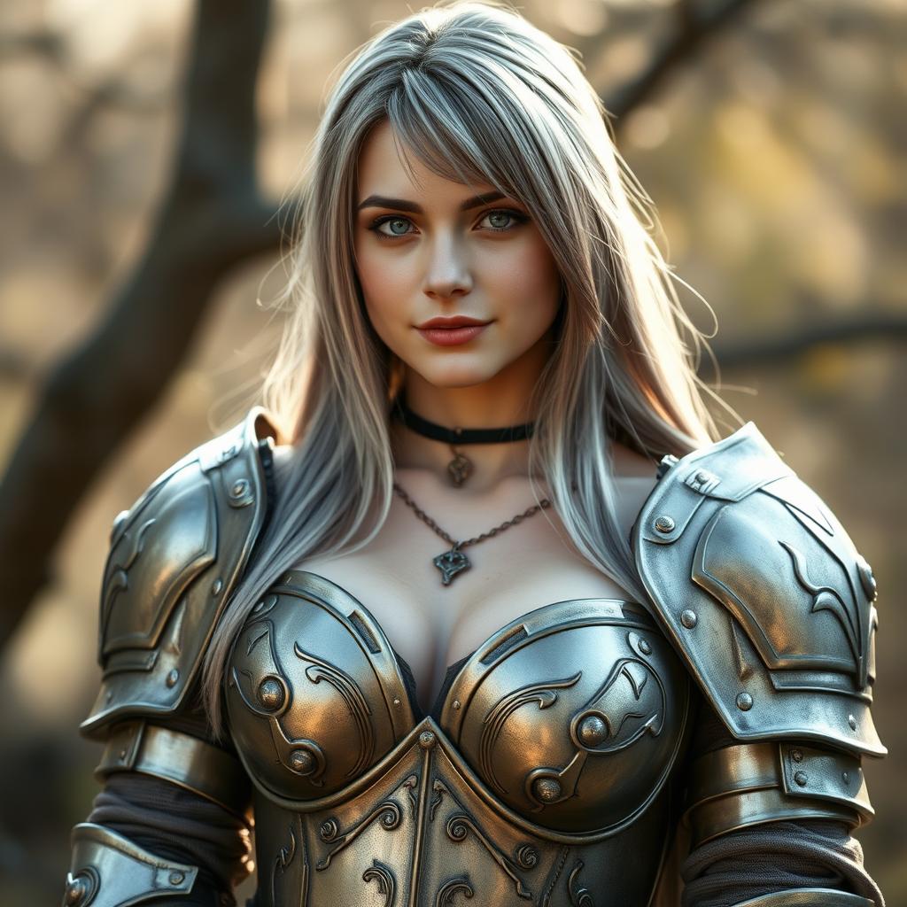 A real-life photo of a delicate European female cleric healer, who is busty and kind-hearted