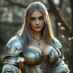 A real-life photo of a delicate European female cleric healer, who is busty and kind-hearted