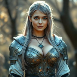 A real-life photo of a delicate European female cleric healer, who is busty and kind-hearted