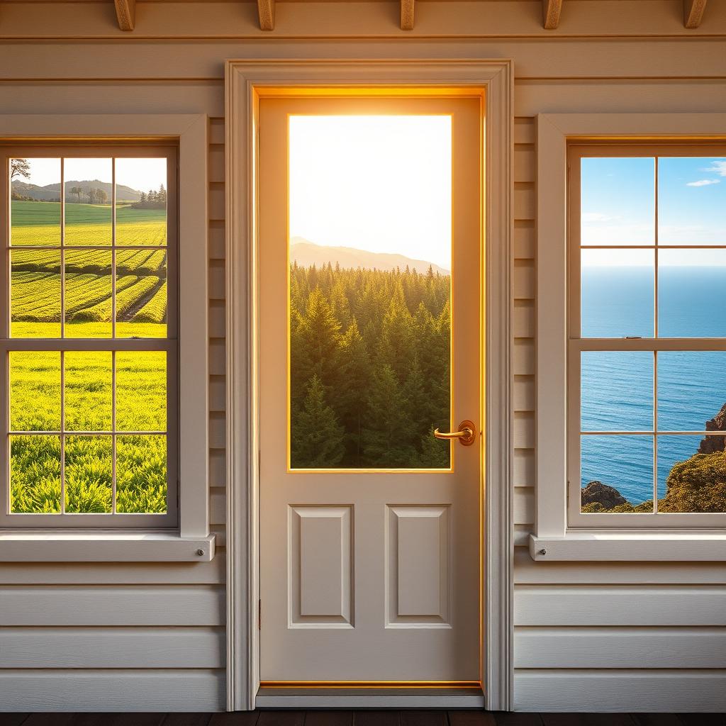 A charming little house with tree windows on each side, each window showcasing a unique view: one window overlooking a lush green field, the second framing a dense, tranquil forest, and the third revealing a breathtaking ocean panorama