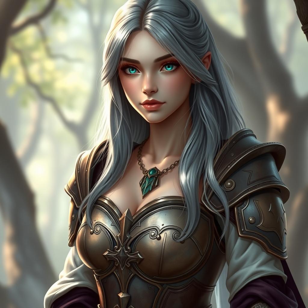 A delicate European cleric healer, embodying kindness and care, with a slim figure