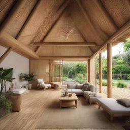 Enhance the two-story Joglo-Scandinavian retreat, integrating more lavish amenities. Add a rooftop terrace with panoramic views, a bamboo-lined walkway leading to a private yoga pavilion, upgraded gourmet kitchen with bamboo and rattan accents, and a secluded outdoor bamboo shower.