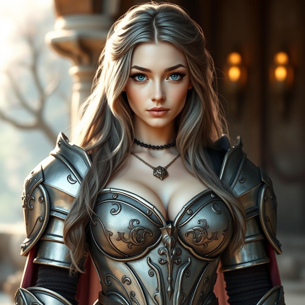 A real-life photo of a busty, shy, and delicate European cleric healer