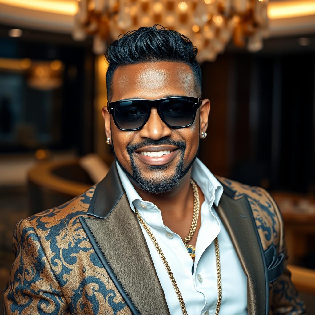 A portrait of a distinguished man with a charismatic presence, resembling a famous music mogul