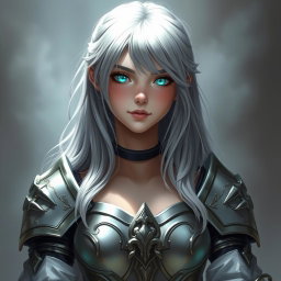 A 20-year-old cleric healer with long ash grey hair and bright turquoise shining eyes