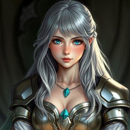 A 20-year-old cleric healer with long ash grey hair and bright turquoise shining eyes