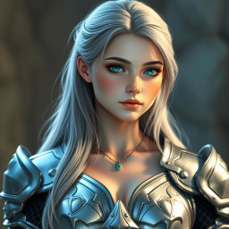 A 20-year-old cleric healer with long ash grey hair and bright turquoise shining eyes