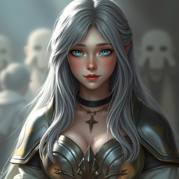 A 20-year-old cleric healer with long ash grey hair and bright turquoise shining eyes