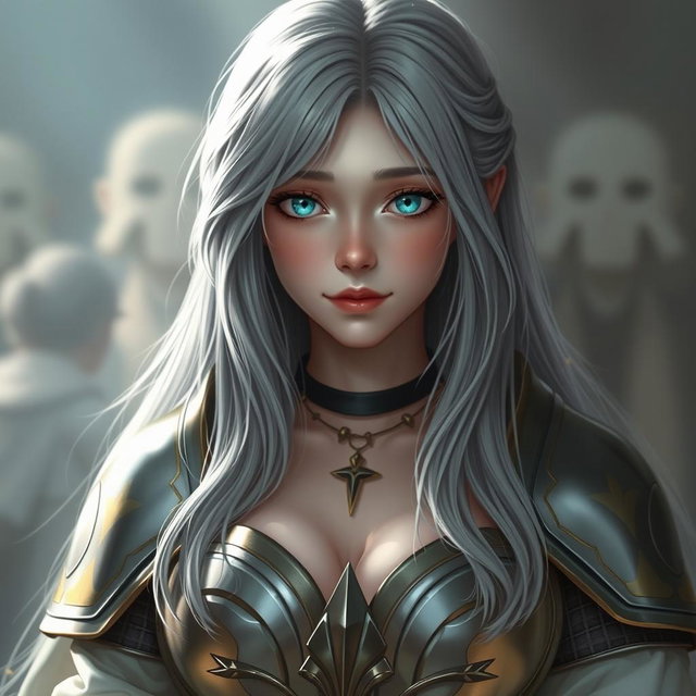A 20-year-old cleric healer with long ash grey hair and bright turquoise shining eyes