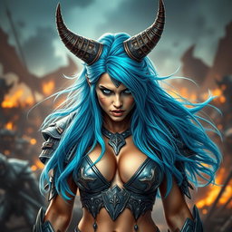 A full-body shot of a high-quality, photo-realistic image showcasing a fierce armored warrior woman with impressive horns atop her head