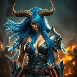 A full-body shot of a high-quality, photo-realistic image showcasing a fierce armored warrior woman with impressive horns atop her head
