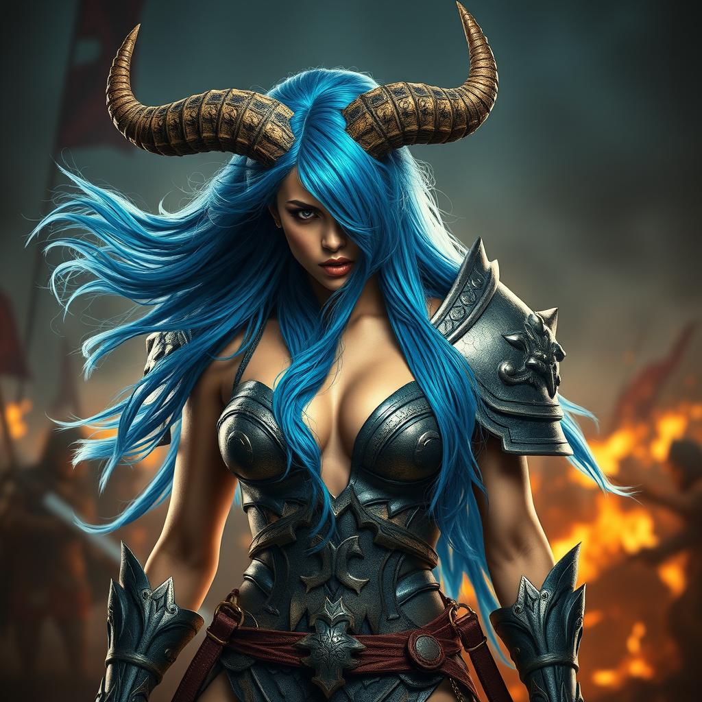 A full-body shot of a high-quality, photo-realistic image showcasing a fierce armored warrior woman with impressive horns atop her head