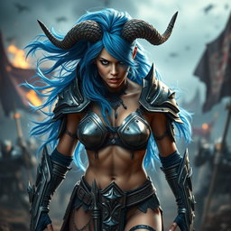A full-body shot of a high-quality, photo-realistic image showcasing a fierce armored warrior woman with impressive horns atop her head