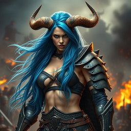 A full-body shot of a high-quality, photo-realistic image showcasing a fierce armored warrior woman with impressive horns atop her head