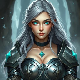 A 20-year-old female cleric with a shy demeanor, featuring long ash grey hair and bright turquoise shining eyes