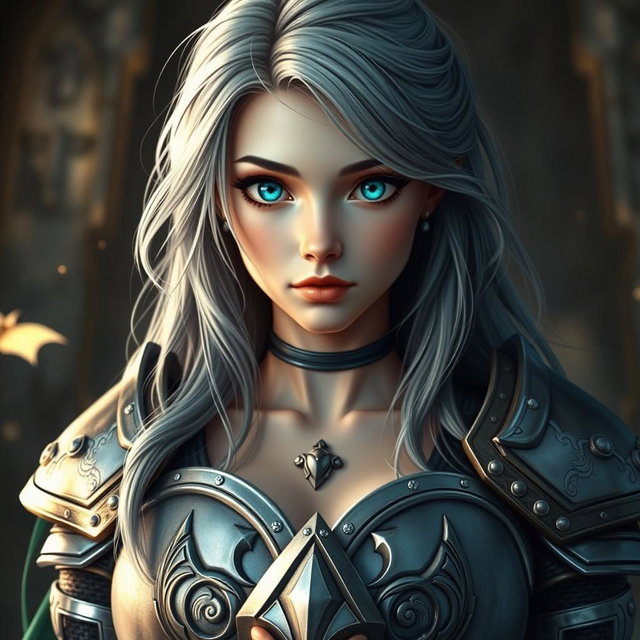 A 20-year-old female cleric with a shy demeanor, featuring long ash grey hair and bright turquoise shining eyes