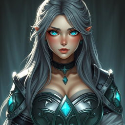 A 20-year-old female cleric with a shy demeanor, featuring long ash grey hair and bright turquoise shining eyes