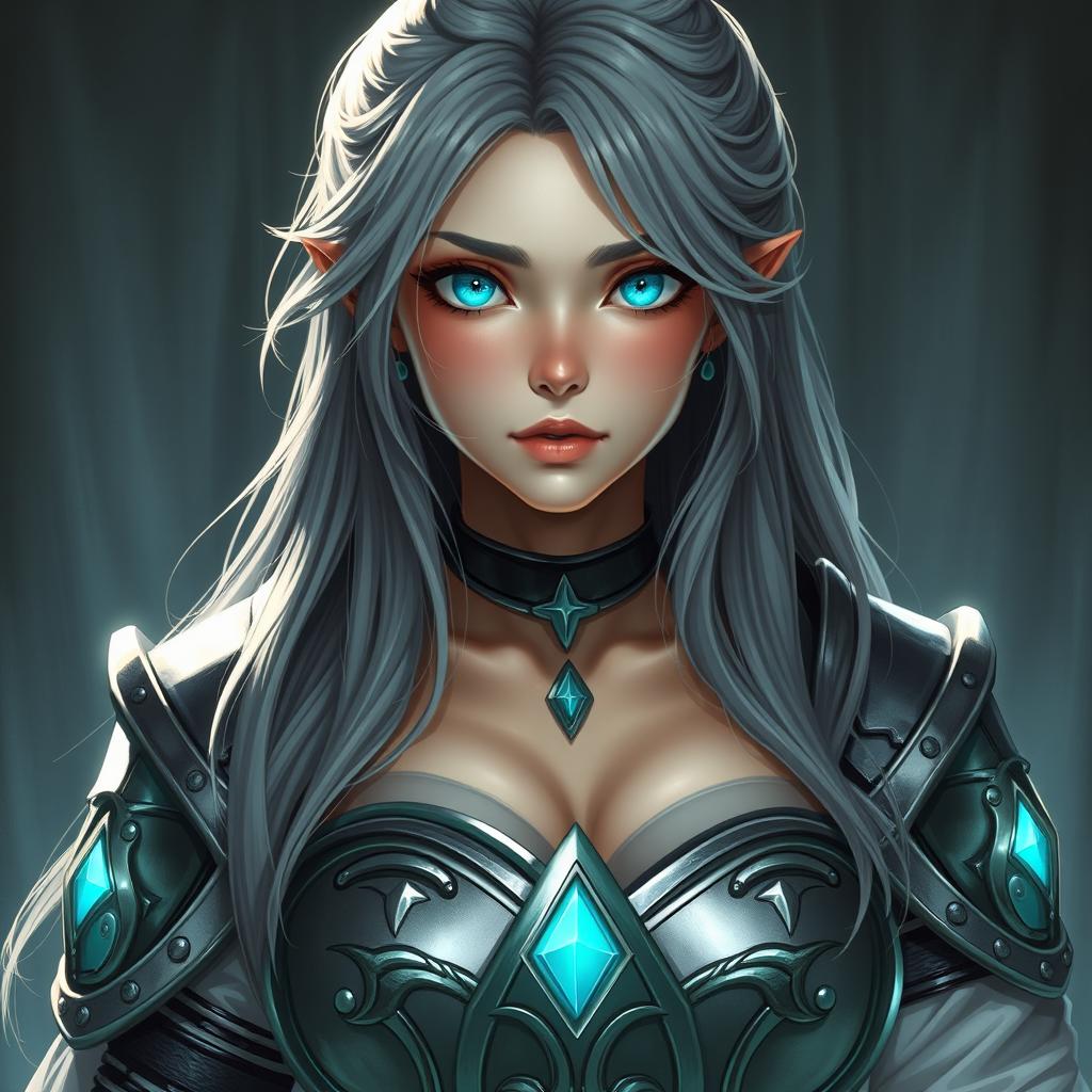 A 20-year-old female cleric with a shy demeanor, featuring long ash grey hair and bright turquoise shining eyes