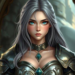 A 20-year-old female cleric with a shy demeanor, featuring long ash grey hair and bright turquoise shining eyes