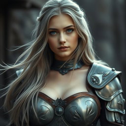 A stunning 20-year-old Ukrainian girl with long, flowing ash grey hair and bright turquoise shining eyes