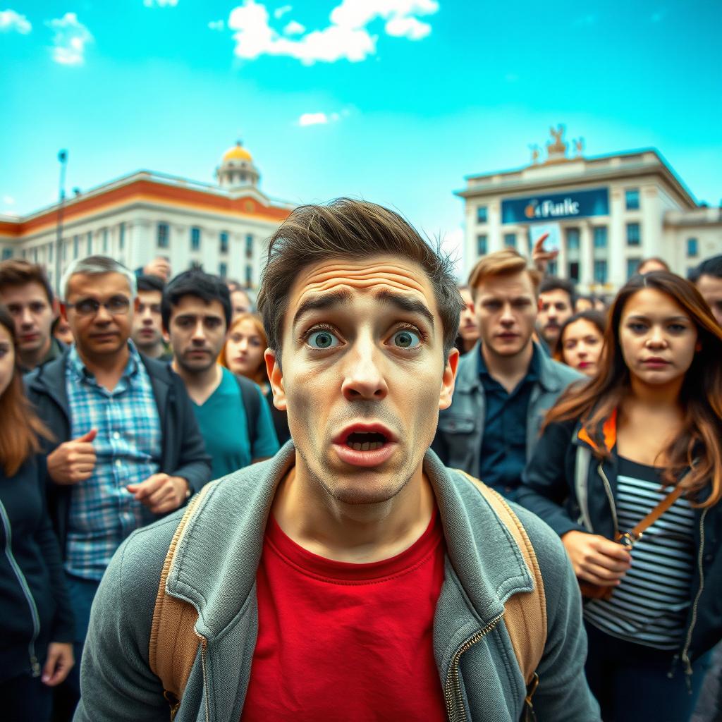 A dramatic scene set in a bustling public square where a person is visibly startled, caught in a lie