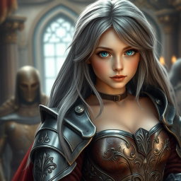 A beautiful Ukrainian cleric girl with bright turquoise eyes and long ash grey hair, wearing an open and outspoken sexy armor with a sweetheart neckline that accentuates her large breasts