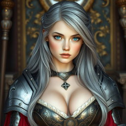 A beautiful Ukrainian cleric girl with bright turquoise eyes and long ash grey hair, wearing an open and outspoken sexy armor with a sweetheart neckline that accentuates her large breasts