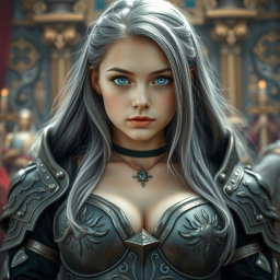 A beautiful Ukrainian cleric girl with bright turquoise eyes and long ash grey hair, wearing an open and outspoken sexy armor with a sweetheart neckline that accentuates her large breasts
