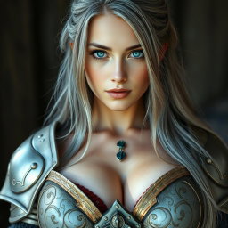 A busty, beautiful Ukrainian cleric girl with huge breasts, featuring bright turquoise eyes that shine vibrantly