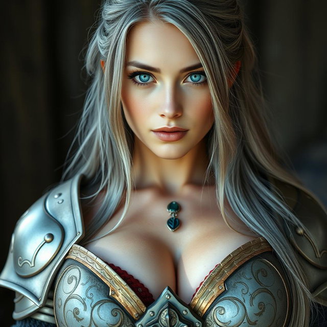 A busty, beautiful Ukrainian cleric girl with huge breasts, featuring bright turquoise eyes that shine vibrantly